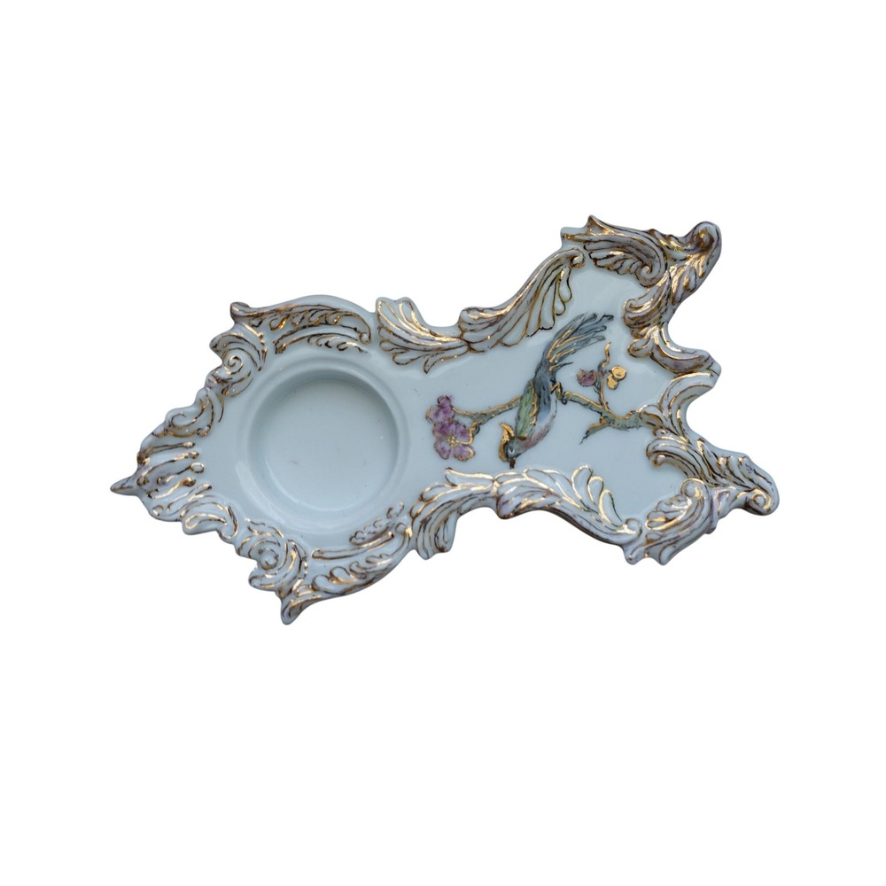 Antique Porcelain Victorian Inkwell white‎  gold accents colorful